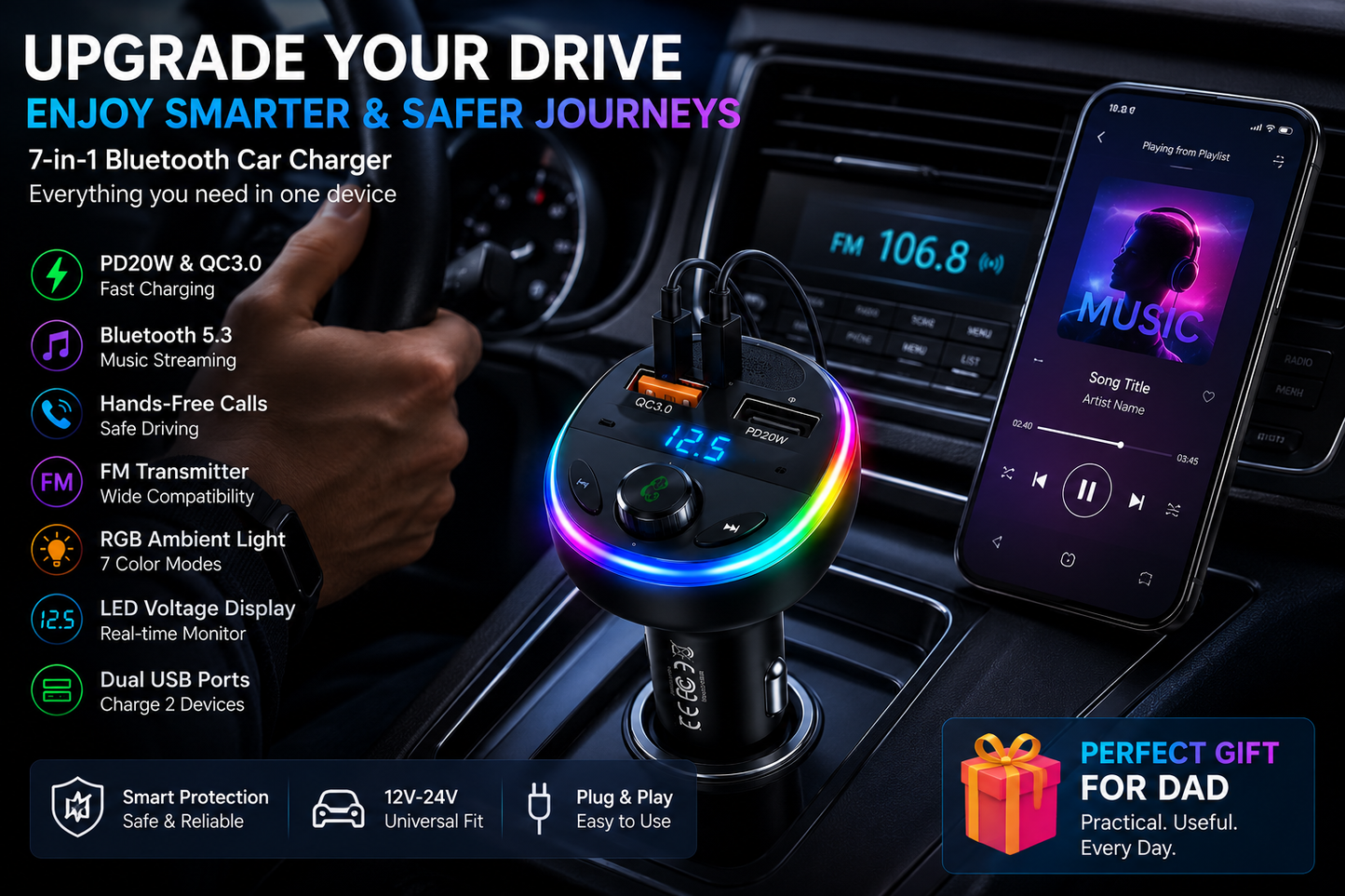 🚗 SmartDrive™ 7-in-1 Bluetooth Car Charger  Fast Charging • Hands-Free Calls • Wireless Music