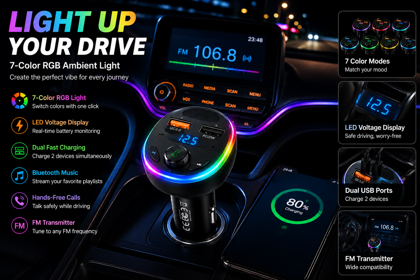 🚗 SmartDrive™ 7-in-1 Bluetooth Car Charger  Fast Charging • Hands-Free Calls • Wireless Music