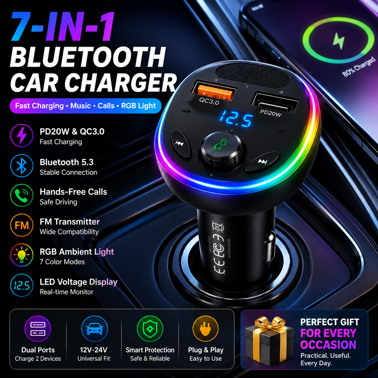 🚗 SmartDrive™ 7-in-1 Bluetooth Car Charger  Fast Charging • Hands-Free Calls • Wireless Music