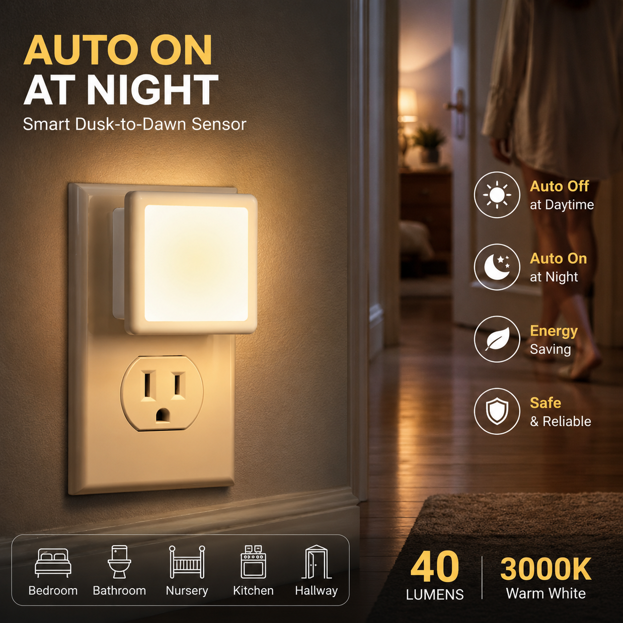 Smart Plug-In LED Night Light with Auto Sensor(4Pcs)