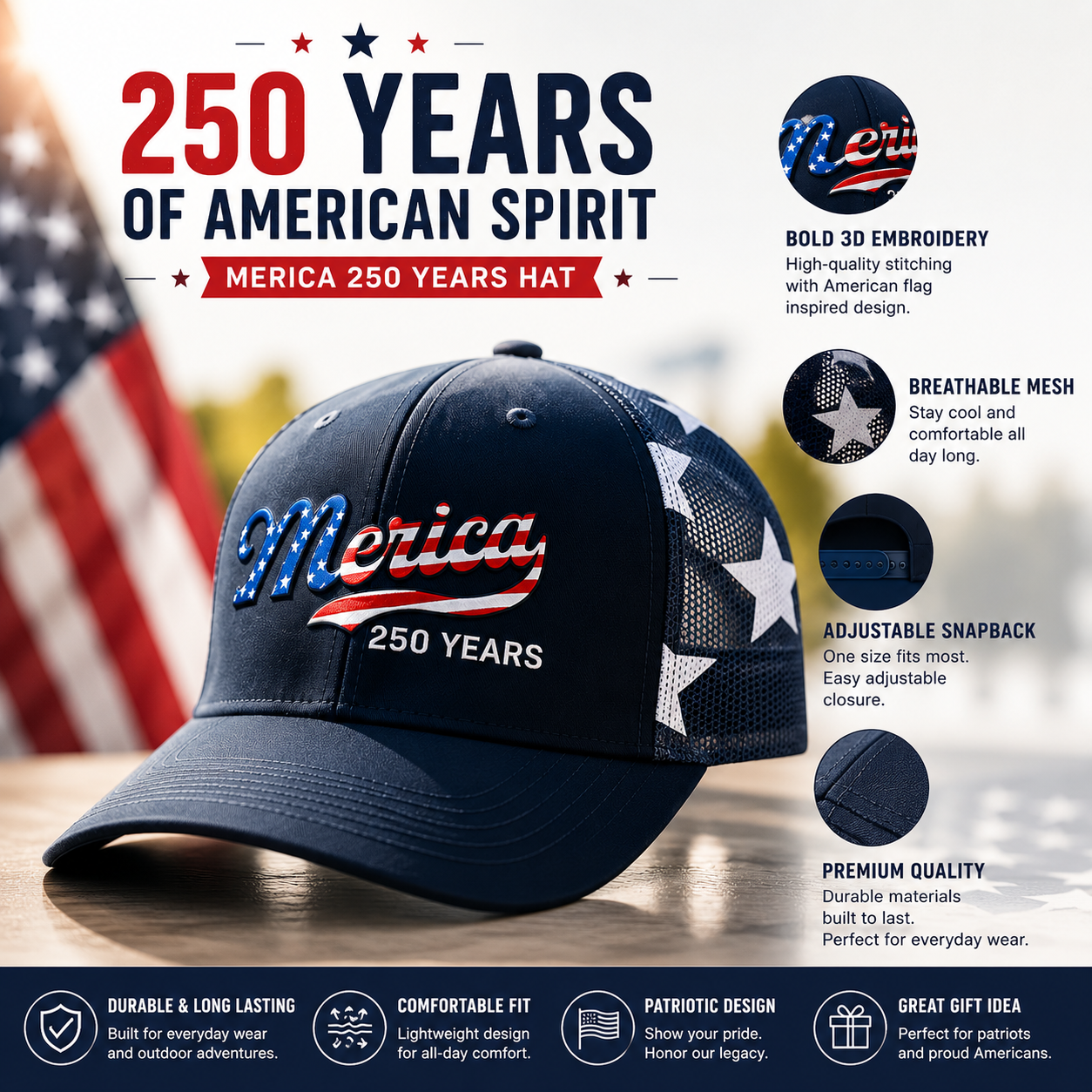 Merica 250 Years Patriotic Trucker Hat | Celebrate America's 250th Anniversary