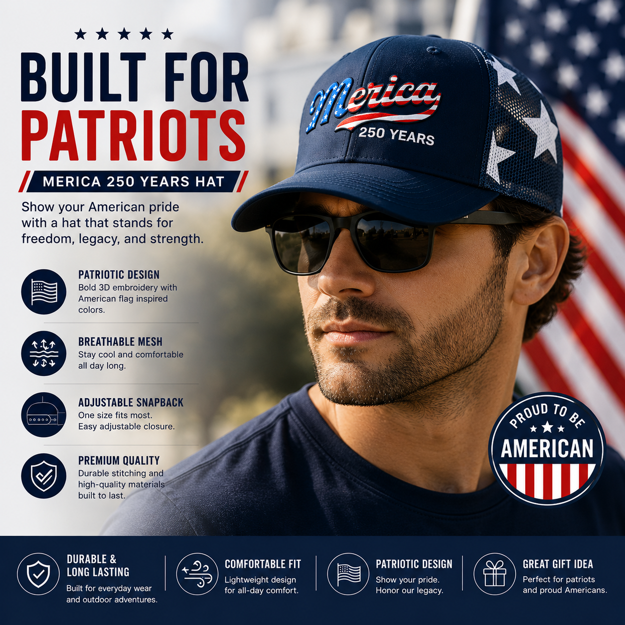 Merica 250 Years Patriotic Trucker Hat | Celebrate America's 250th Anniversary
