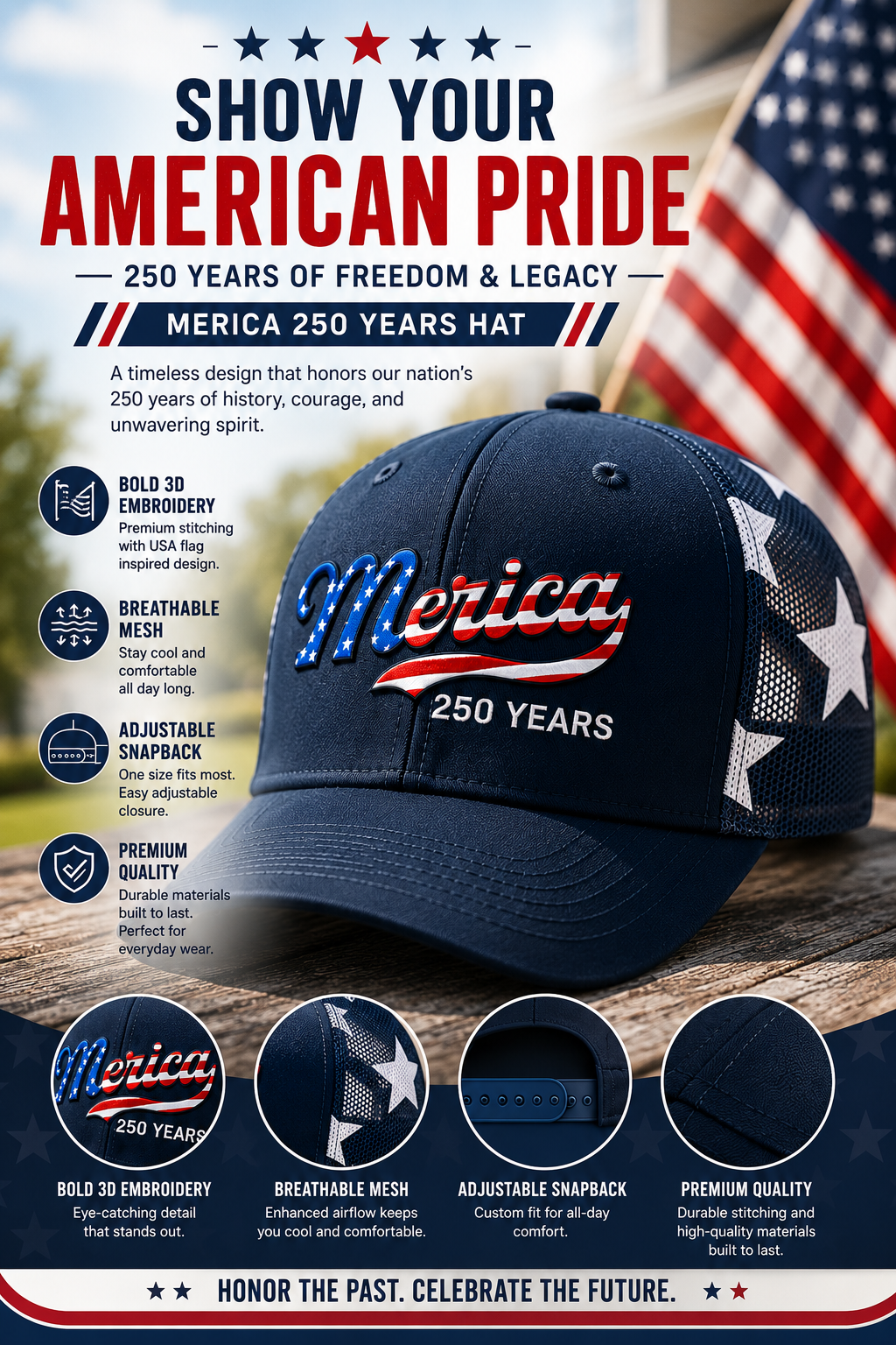 Merica 250 Years Patriotic Trucker Hat | Celebrate America's 250th Anniversary