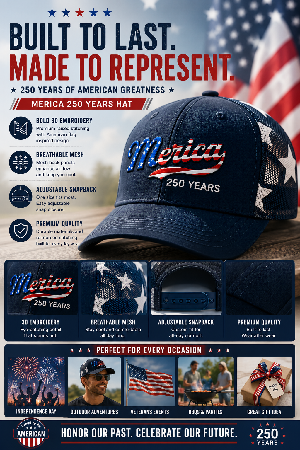 Merica 250 Years Patriotic Trucker Hat | Celebrate America's 250th Anniversary