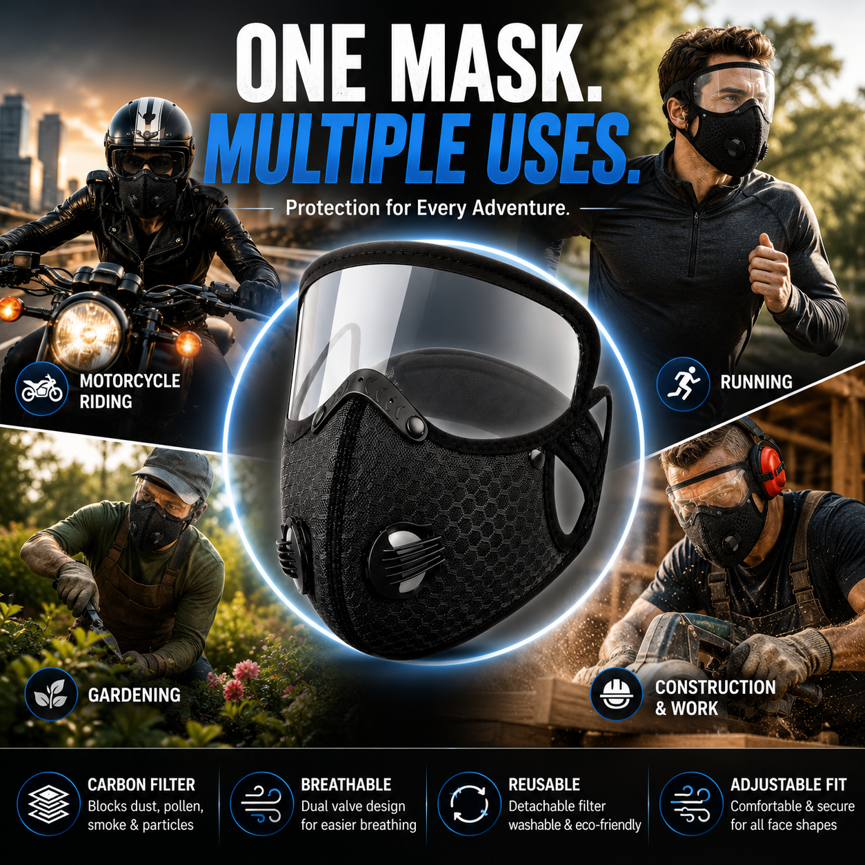 Carbon Filter Dust Mask Breathable | Reusable Detachable Adjustable | For Running Workout Motorcycle Gardening