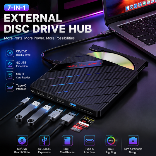 🔥 50% OFF TODAY |⚡ 7-in-1 RGB External Disc Drive Hub – USB Expansion & Card Reader
