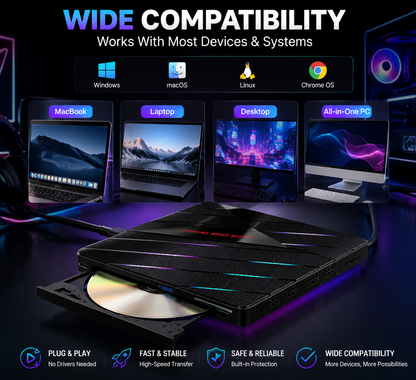 ⚡ 7-in-1 RGB External Disc Drive Hub – USB Expansion & Card Reader