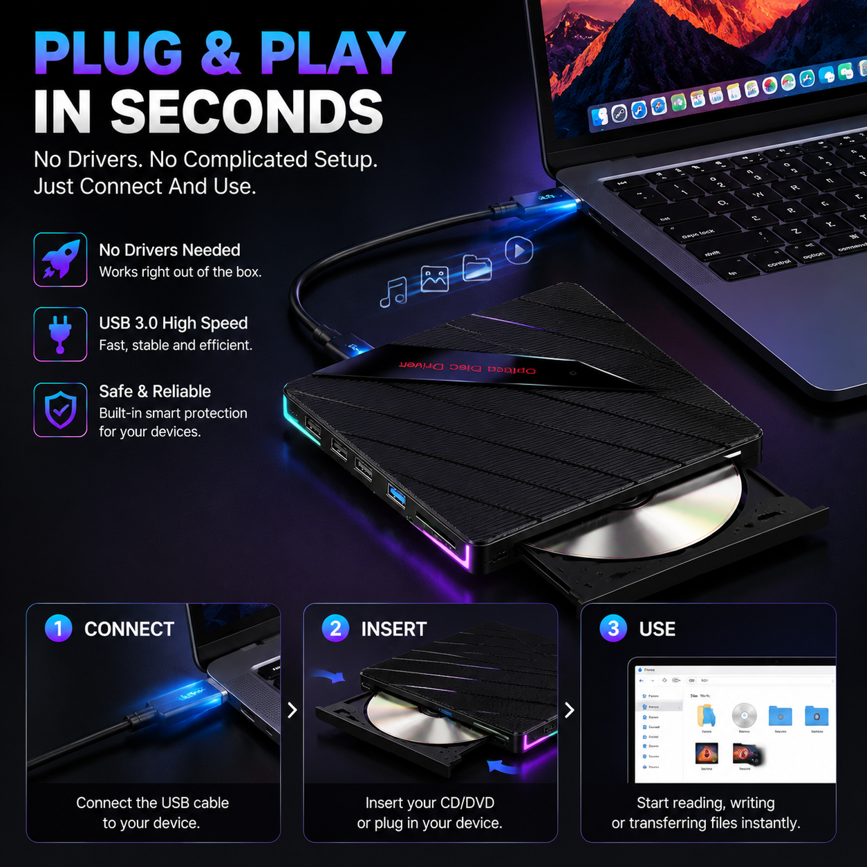 ⚡ 7-in-1 RGB External Disc Drive Hub – USB Expansion & Card Reader
