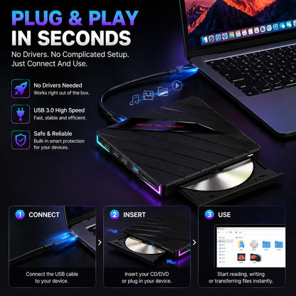 ⚡ 7-in-1 RGB External Disc Drive Hub – USB Expansion & Card Reader