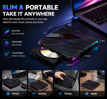 ⚡ 7-in-1 RGB External Disc Drive Hub – USB Expansion & Card Reader