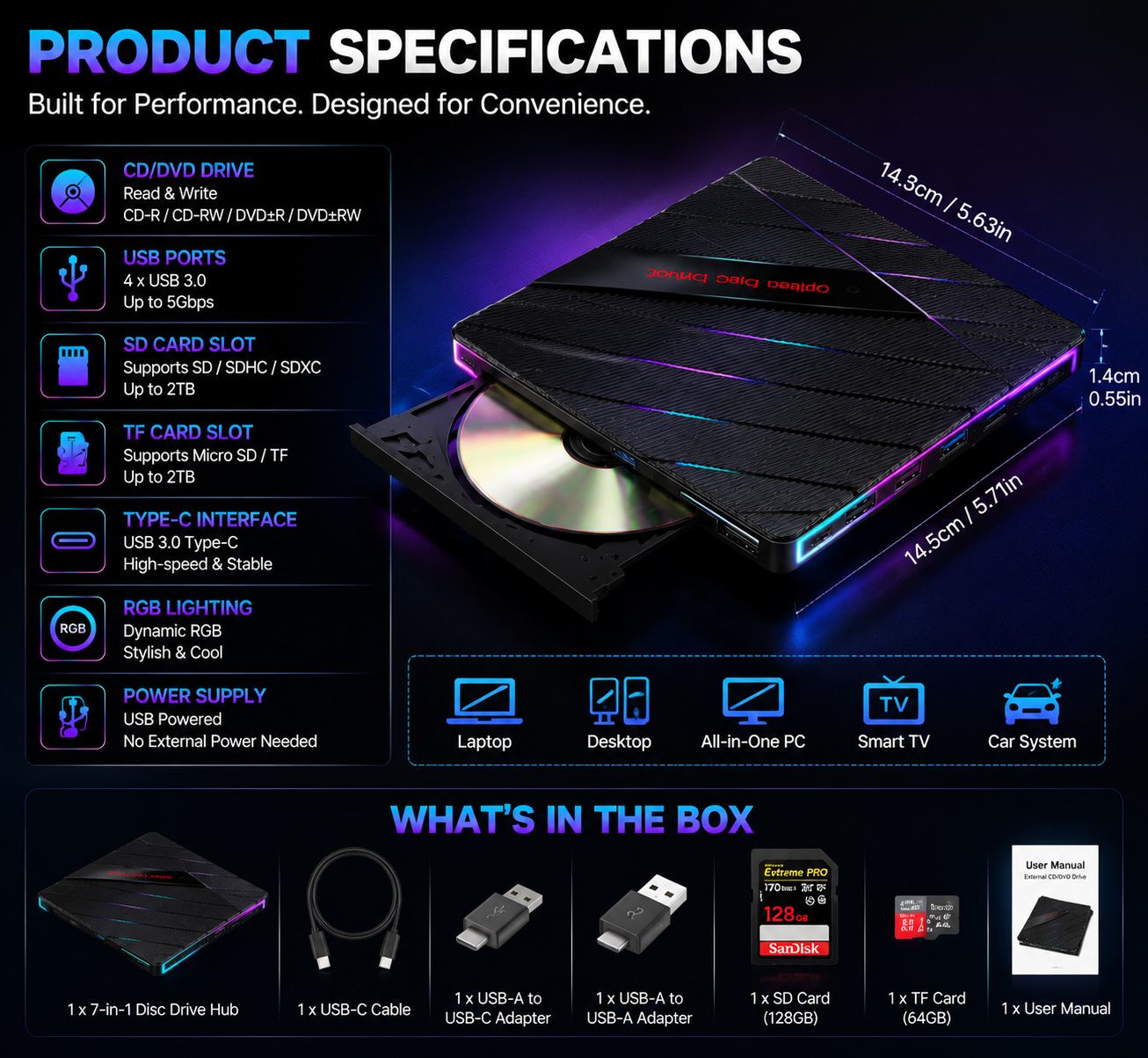 ⚡ 7-in-1 RGB External Disc Drive Hub – USB Expansion & Card Reader