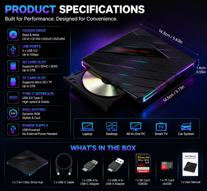 ⚡ 7-in-1 RGB External Disc Drive Hub – USB Expansion & Card Reader