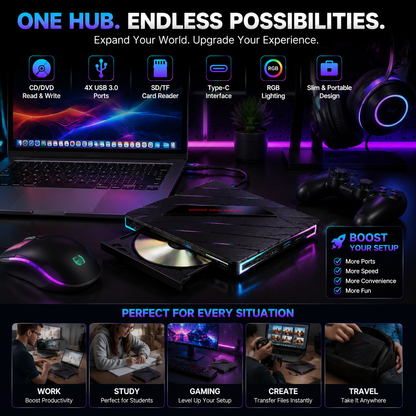 ⚡ 7-in-1 RGB External Disc Drive Hub – USB Expansion & Card Reader