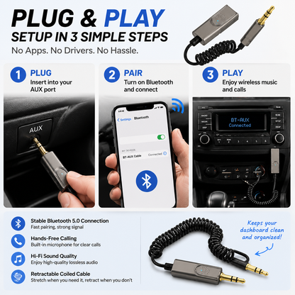 🚗 Retractable Bluetooth AUX Cable Adapter – Wireless Car Audio Upgrade