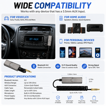🚗 Retractable Bluetooth AUX Cable Adapter – Wireless Car Audio Upgrade