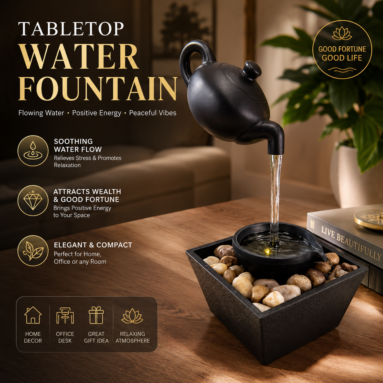 💧 ZenFlow Tabletop Water Fountain – Relaxing Indoor Desktop Water Feature for Home & Office