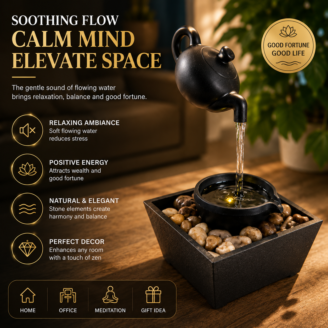 💧 ZenFlow Tabletop Water Fountain – Relaxing Indoor Desktop Water Feature for Home & Office