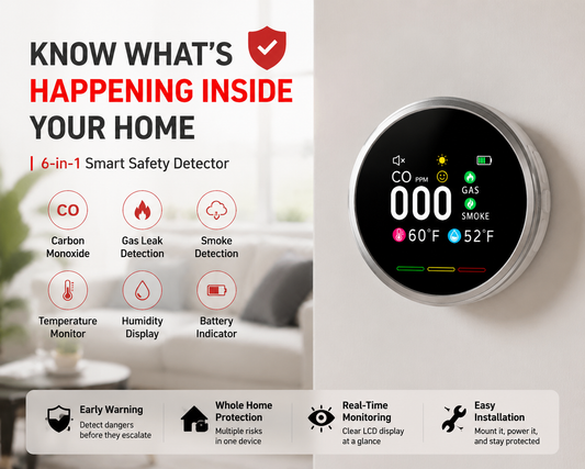 🚨 Smart 6-in-1 Gas Detector – CO Smoke & Gas Leak Alarm With LCD Display