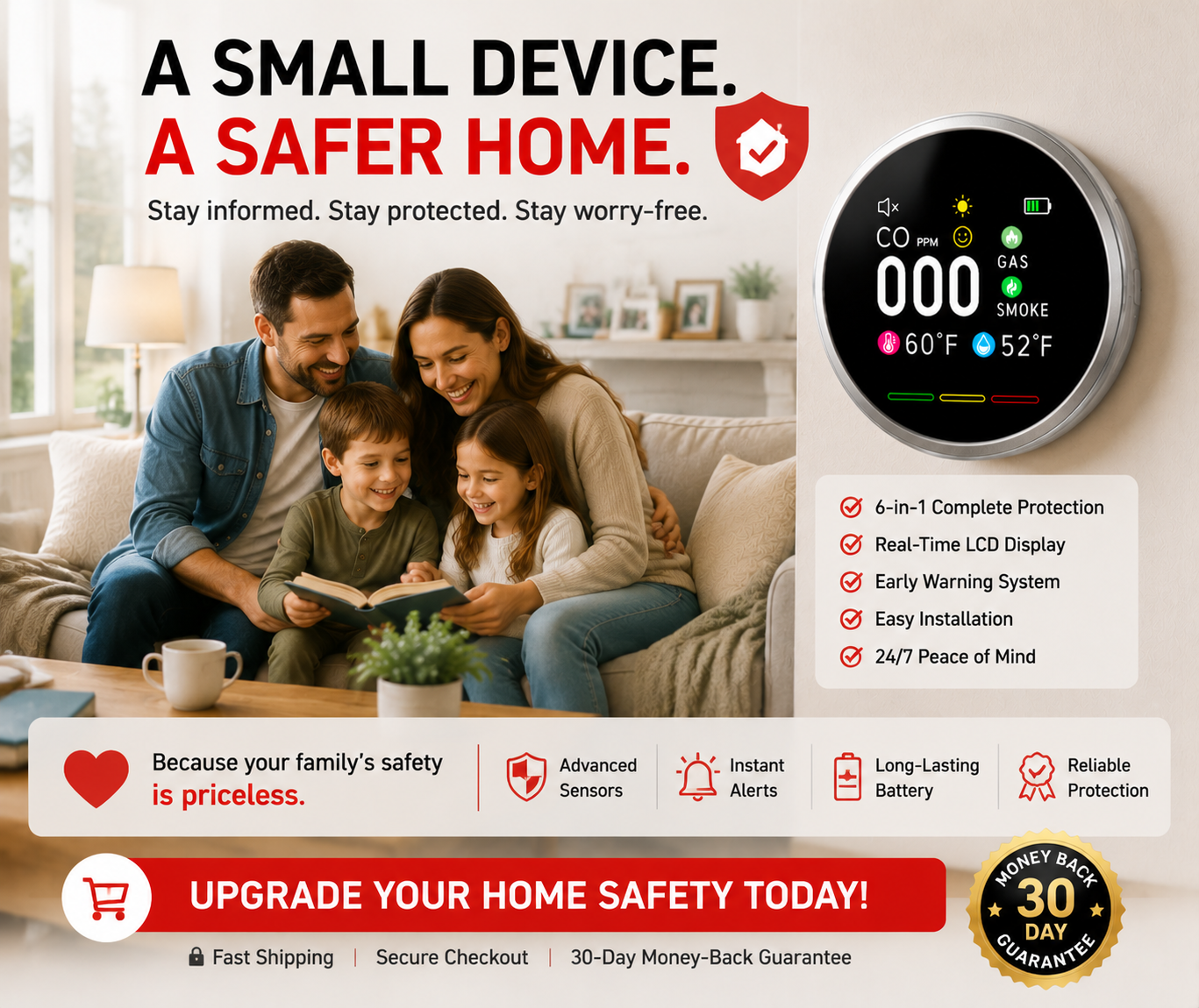 🚨 Smart 6-in-1 Gas Detector – CO Smoke & Gas Leak Alarm With LCD Display