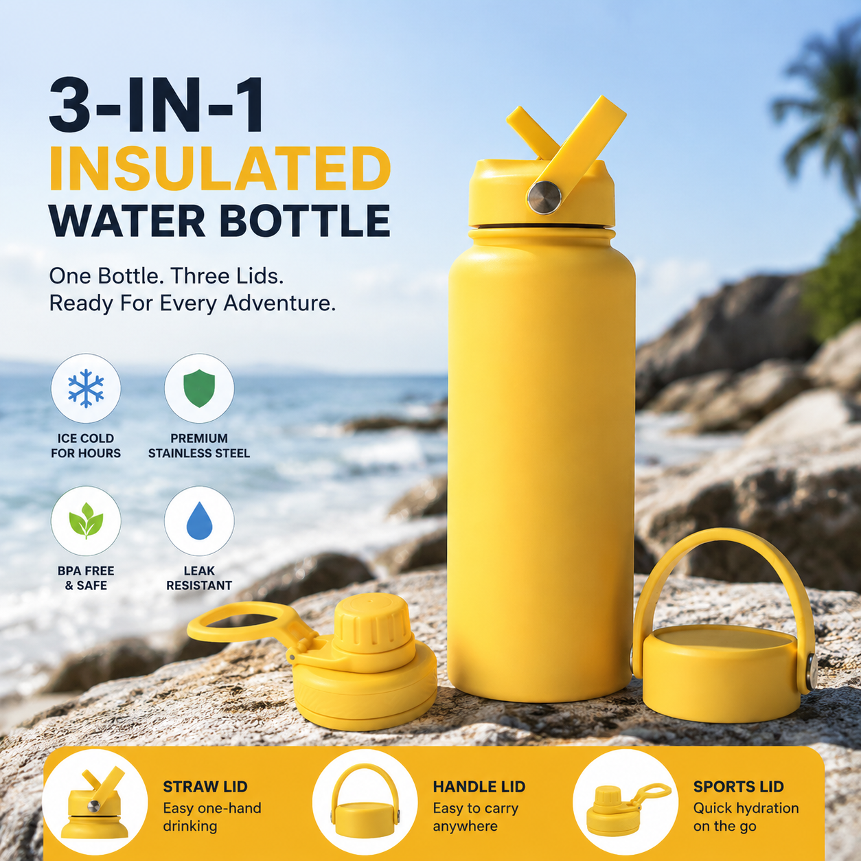 🥤 3-in-1 Insulated Stainless Steel Water Bottle – 3 Lids for Every Adventure
