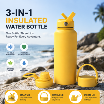 🥤 3-in-1 Insulated Stainless Steel Water Bottle – 3 Lids for Every Adventure