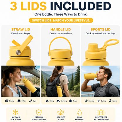 🥤 3-in-1 Insulated Stainless Steel Water Bottle – 3 Lids for Every Adventure