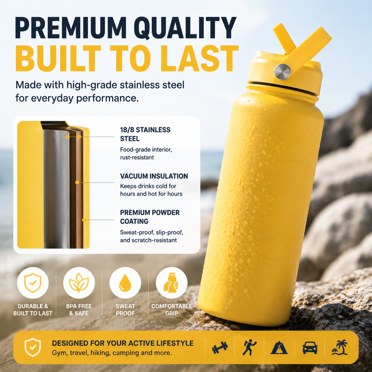🥤 3-in-1 Insulated Stainless Steel Water Bottle – 3 Lids for Every Adventure