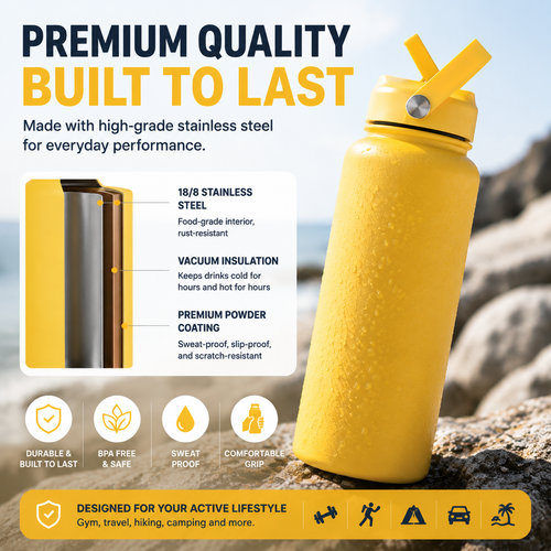 🥤 3-in-1 Insulated Stainless Steel Water Bottle – 3 Lids for Every Adventure