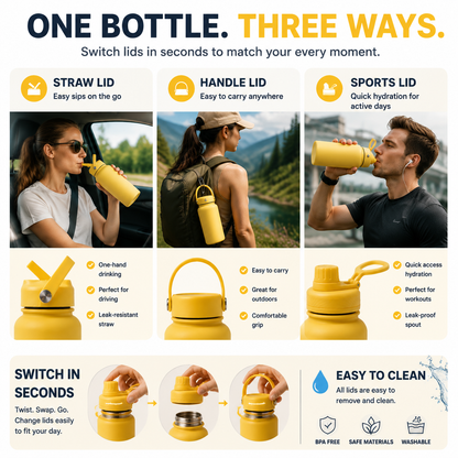 🥤 3-in-1 Insulated Stainless Steel Water Bottle – 3 Lids for Every Adventure