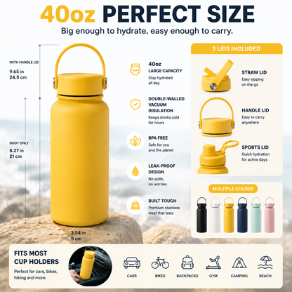 🥤 3-in-1 Insulated Stainless Steel Water Bottle – 3 Lids for Every Adventure