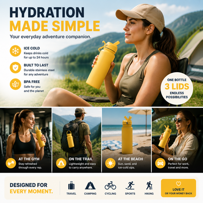 🥤 3-in-1 Insulated Stainless Steel Water Bottle – 3 Lids for Every Adventure