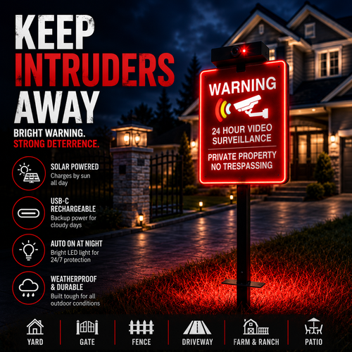 🔥 LAST DAY 30% OFF | Solar LED No Trespassing Security Sign – Rechargeable Outdoor Warning Sign with Stake