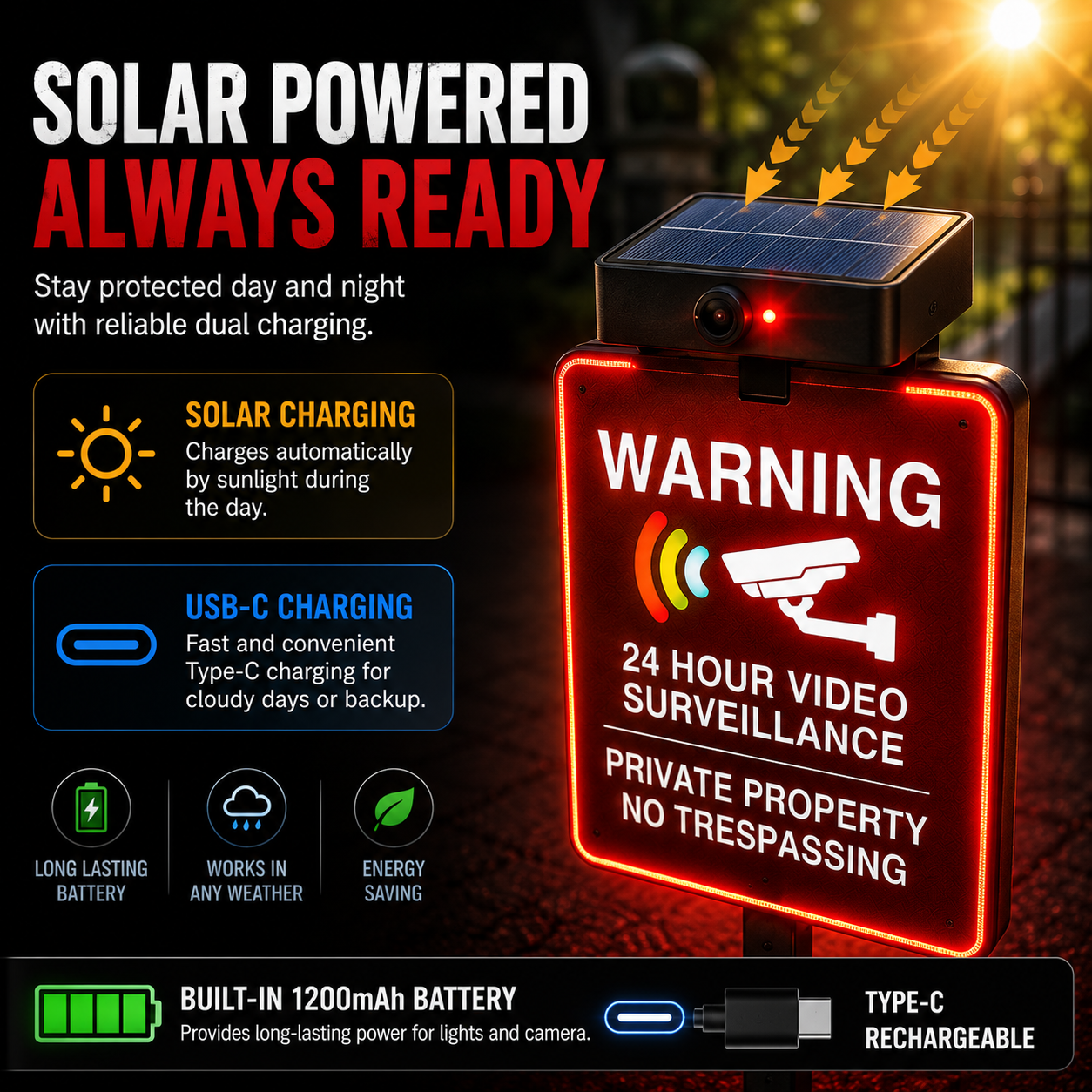 🔥 LAST DAY 30% OFF | Solar LED No Trespassing Security Sign – Rechargeable Outdoor Warning Sign with Stake