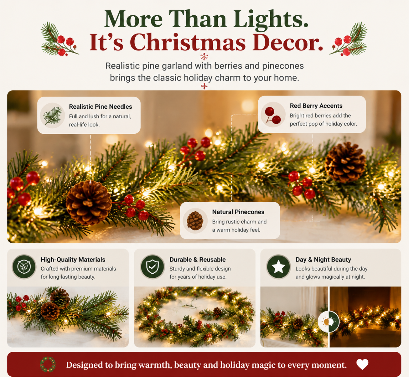 🔥LAST DAY 50% OFF -✨ Christmas Pine Garland String Lights – Create A Cozy Holiday Glow🎄