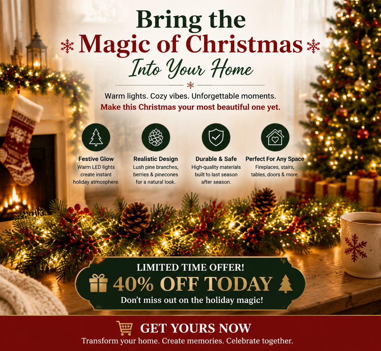 🔥LAST DAY 50% OFF -✨ Christmas Pine Garland String Lights – Create A Cozy Holiday Glow🎄