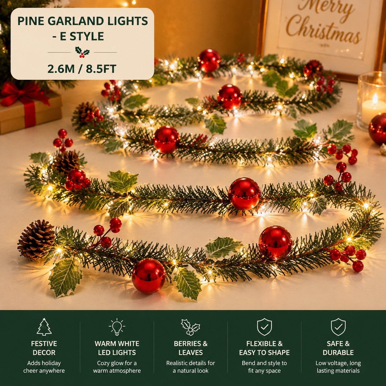 🔥LAST DAY 50% OFF -✨ Christmas Pine Garland String Lights – Create A Cozy Holiday Glow🎄