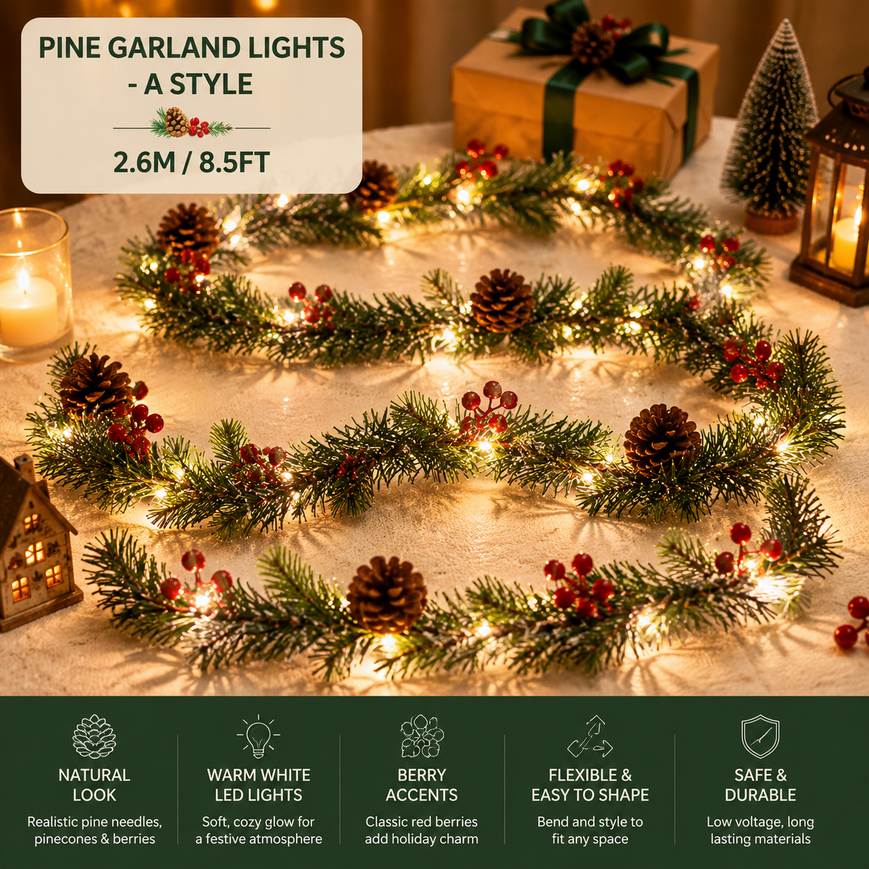 🔥LAST DAY 50% OFF -✨ Christmas Pine Garland String Lights – Create A Cozy Holiday Glow🎄