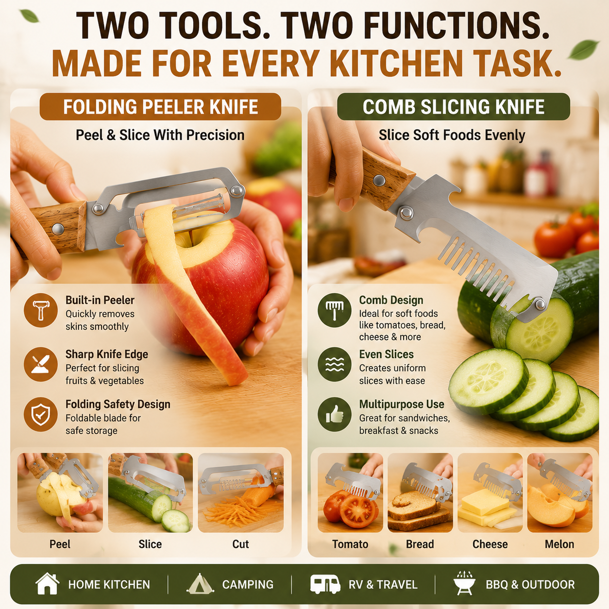 ✨ 2-Piece Kitchen Knife Set – Premium Peeler Knife & Comb Slicing Knife with Wooden Handle