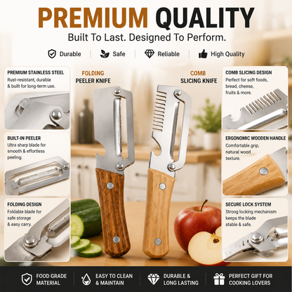 ✨ 2-Piece Kitchen Knife Set – Premium Peeler Knife & Comb Slicing Knife with Wooden Handle
