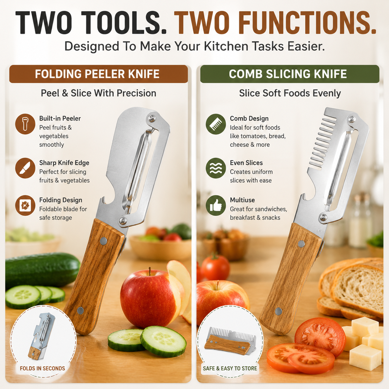 ✨ 2-Piece Kitchen Knife Set – Premium Peeler Knife & Comb Slicing Knife with Wooden Handle