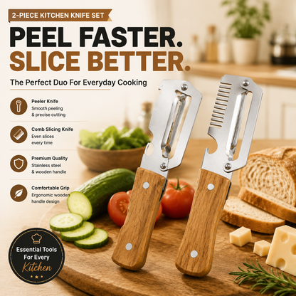 ✨ 2-Piece Kitchen Knife Set – Premium Peeler Knife & Comb Slicing Knife with Wooden Handle