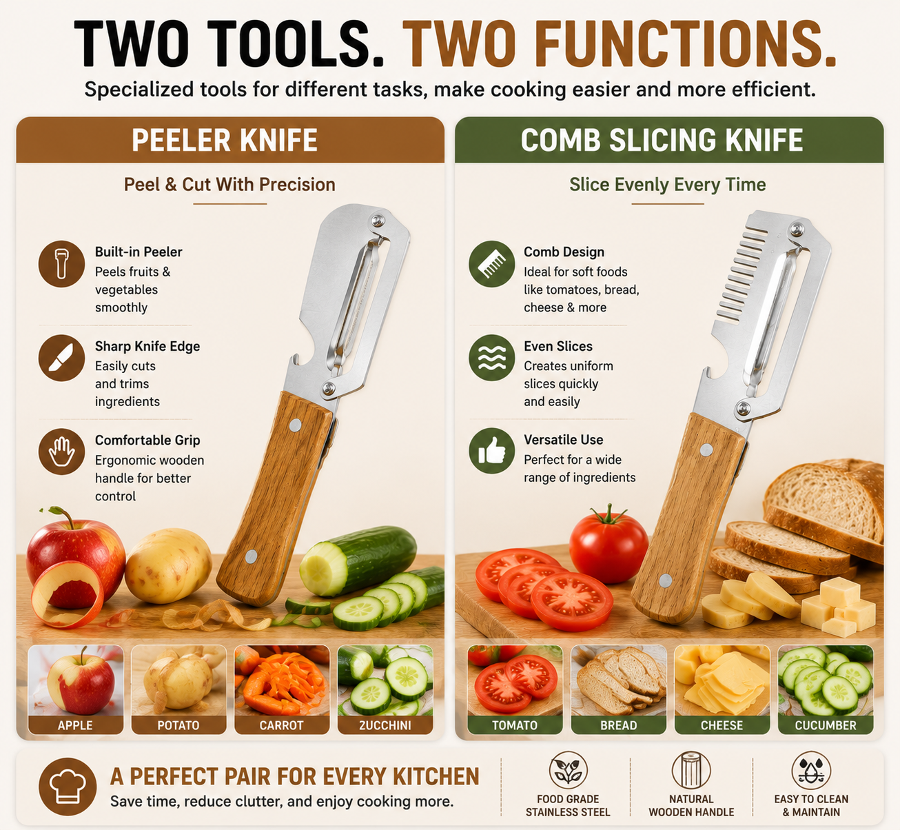 ✨ 2-Piece Kitchen Knife Set – Premium Peeler Knife & Comb Slicing Knife with Wooden Handle