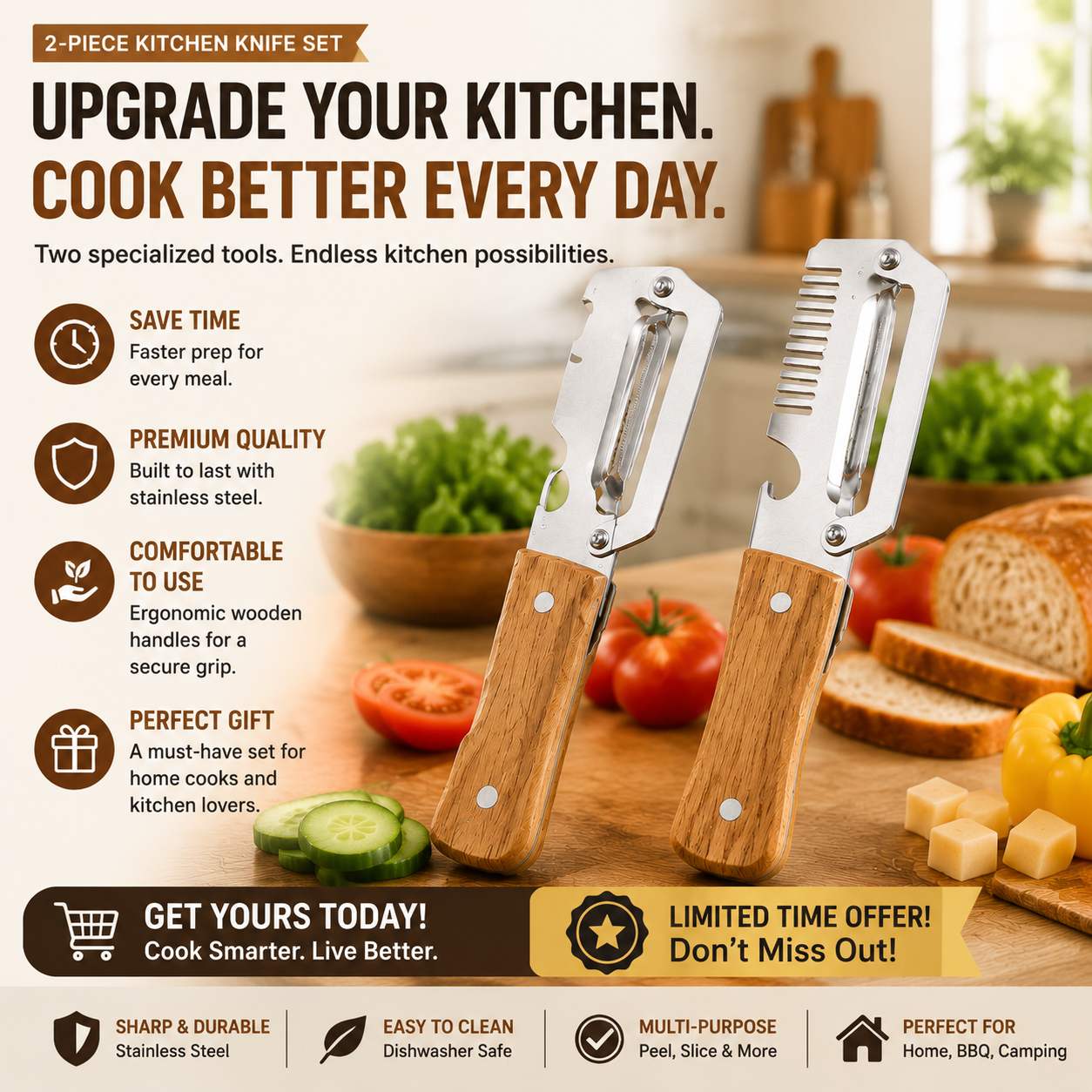 ✨ 2-Piece Kitchen Knife Set – Premium Peeler Knife & Comb Slicing Knife with Wooden Handle