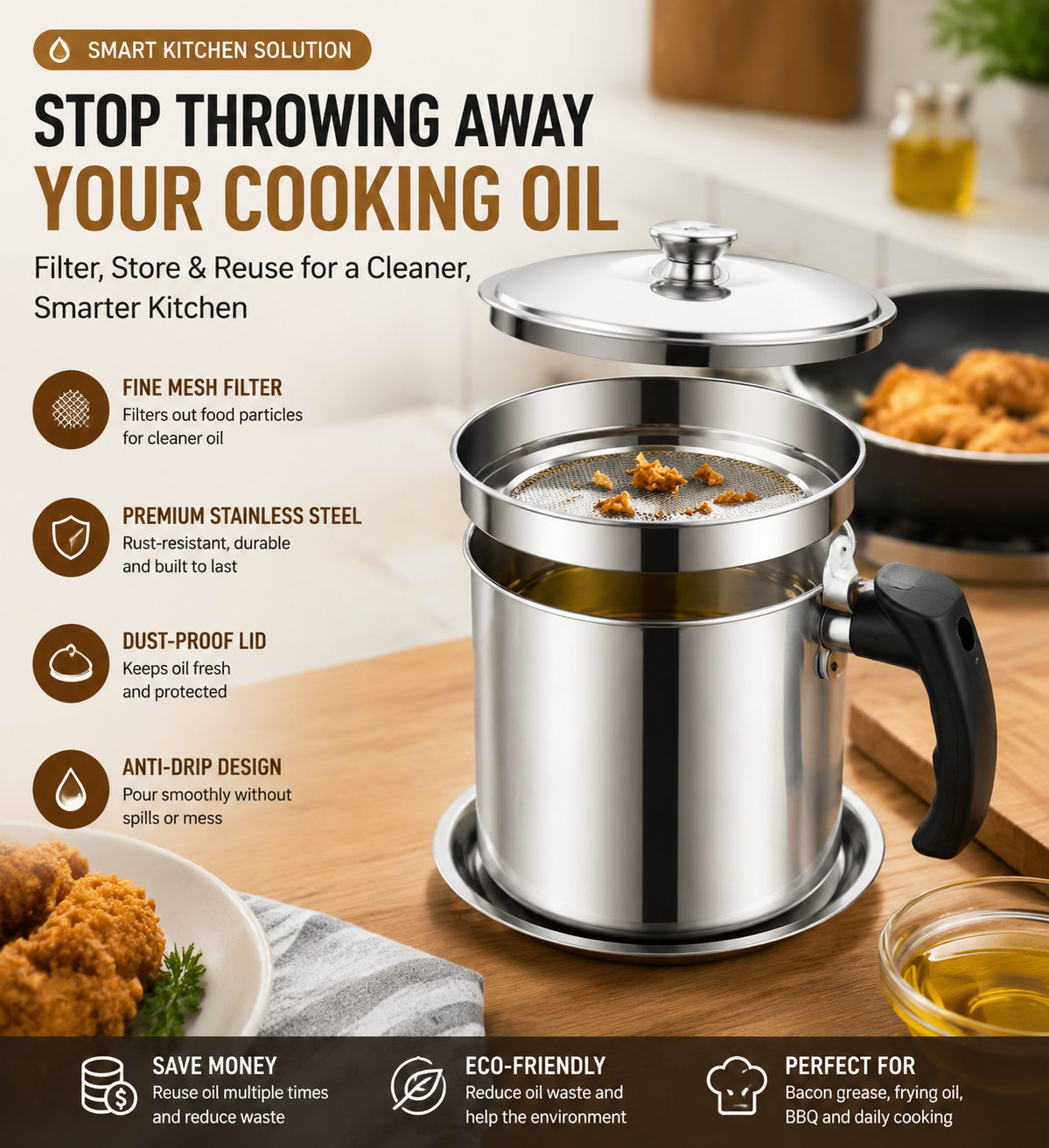 ✨ Stainless Steel Cooking Oil Filter Pot – Reusable Grease Storage Container with Fine Mesh Strainer