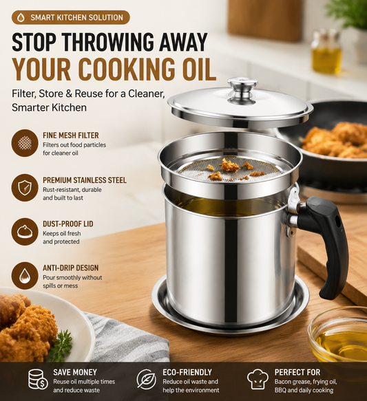 🔥LAST DAY 50% OFF -✨ Stainless Steel Cooking Oil Filter Pot – Reusable Grease Storage Container with Fine Mesh Strainer