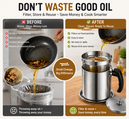 ✨ Stainless Steel Cooking Oil Filter Pot – Reusable Grease Storage Container with Fine Mesh Strainer
