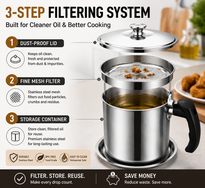 ✨ Stainless Steel Cooking Oil Filter Pot – Reusable Grease Storage Container with Fine Mesh Strainer