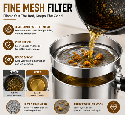 ✨ Stainless Steel Cooking Oil Filter Pot – Reusable Grease Storage Container with Fine Mesh Strainer