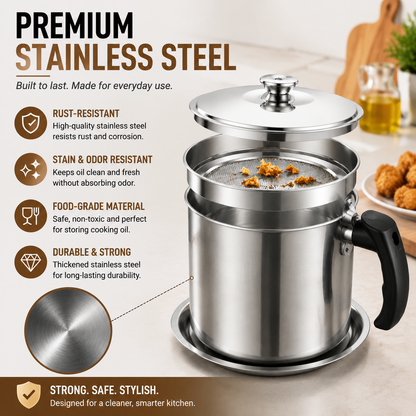 ✨ Stainless Steel Cooking Oil Filter Pot – Reusable Grease Storage Container with Fine Mesh Strainer