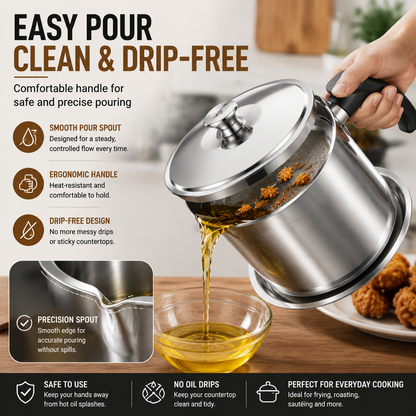✨ Stainless Steel Cooking Oil Filter Pot – Reusable Grease Storage Container with Fine Mesh Strainer